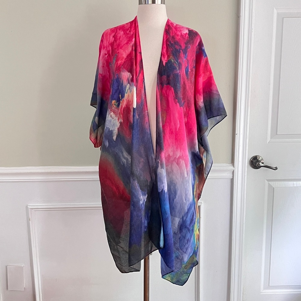 J.B. Sunny Kimono Wrap Women OS Abstract Watercolor Pink Blue Cotton Cardigan
